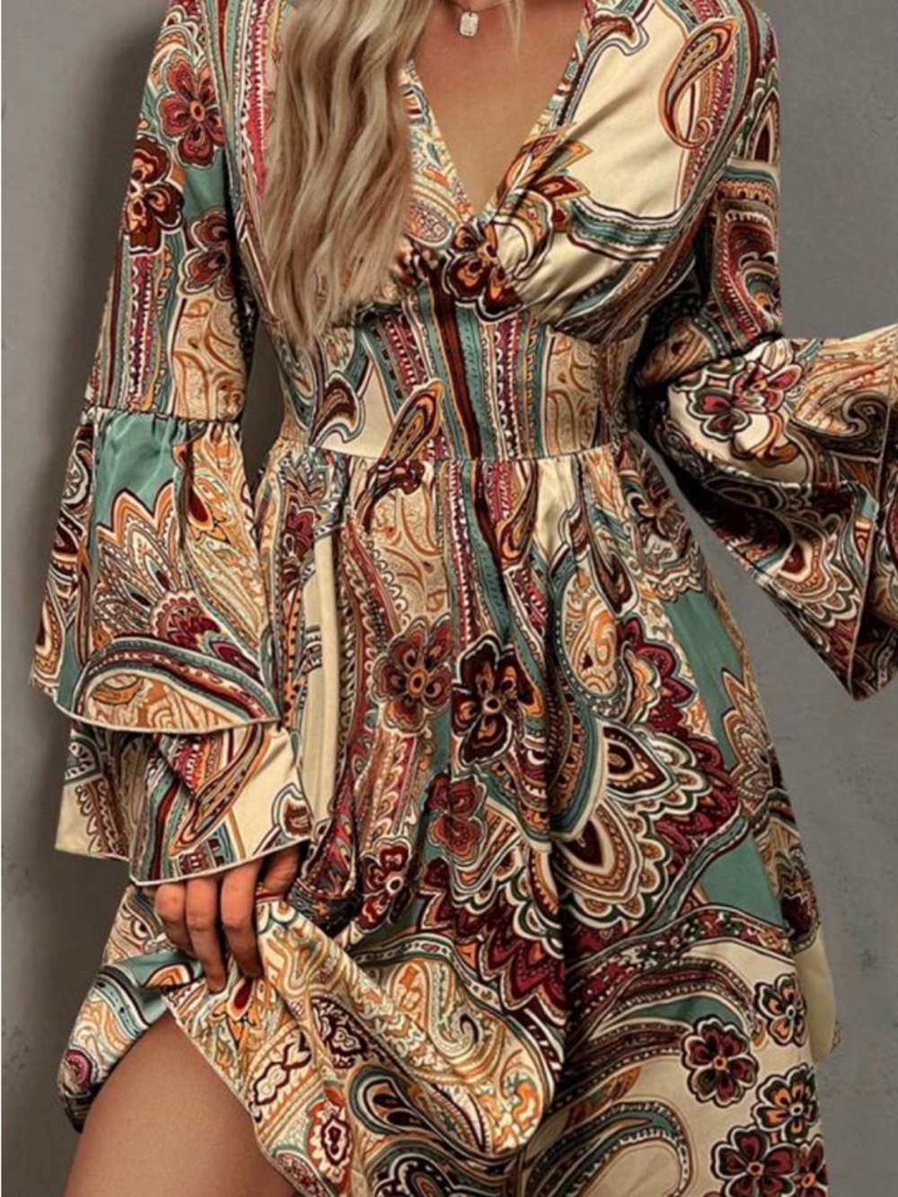Boho Paisley Wrap Maxi Dress with Tiered Bell Sleeves in Teal and Cream
